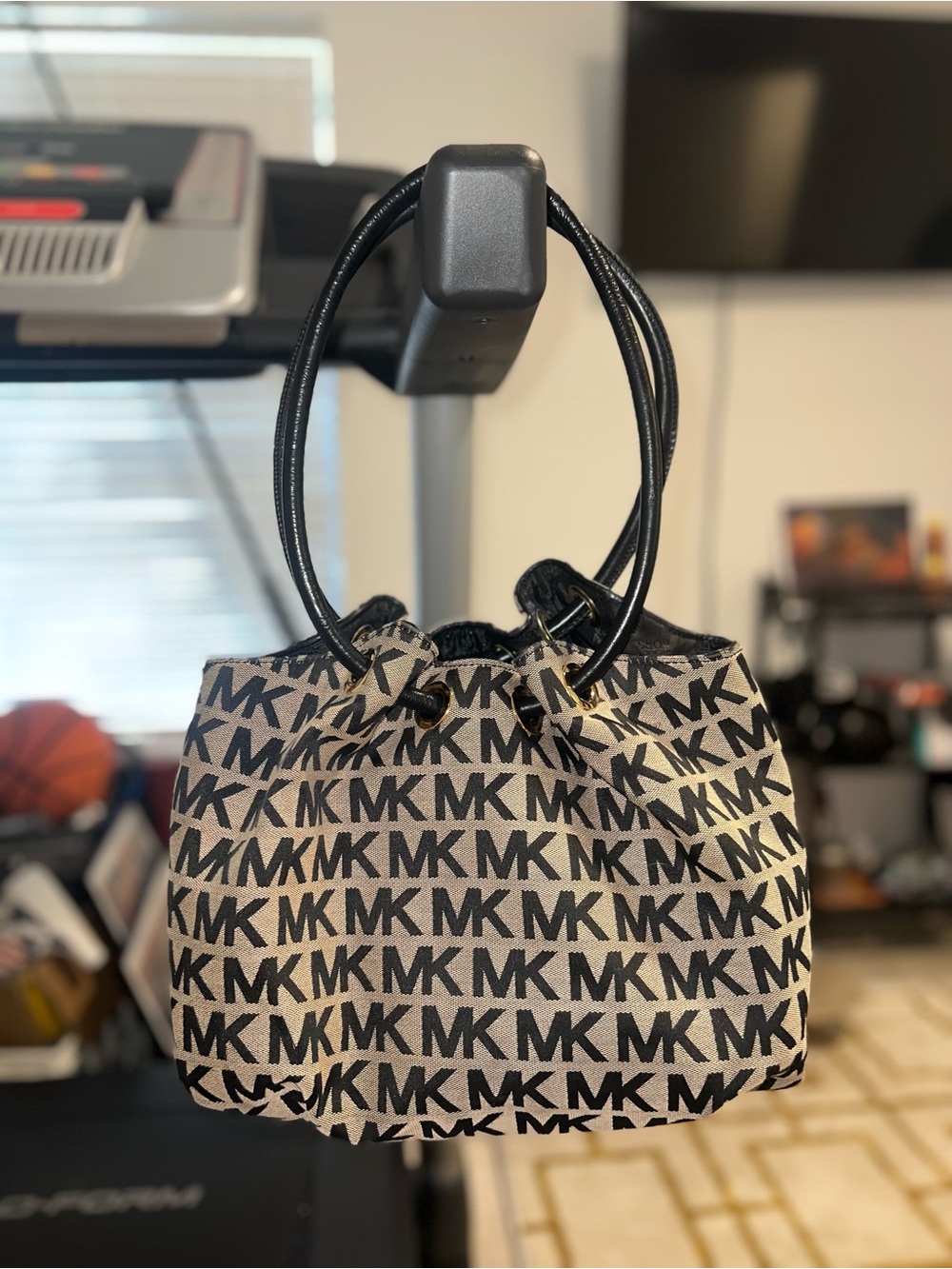 Michael Kors Black & Beige MK Logo Shoulder Tote with Tassel Charm - Picture 2 of 3